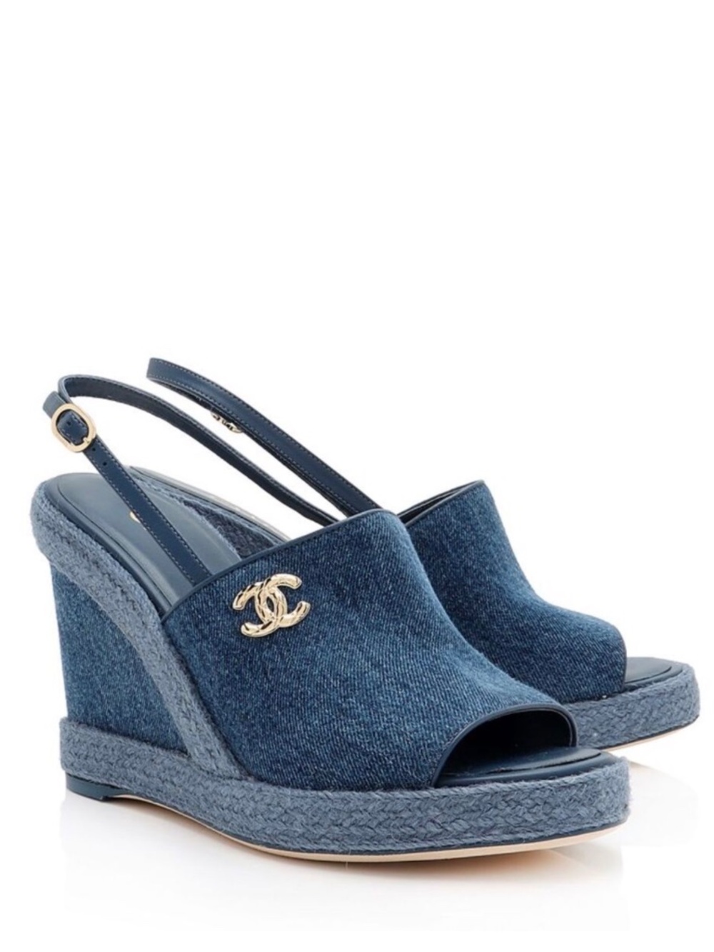 Chanel Washed Denim CC Wedge Sandals - Size 37 EU